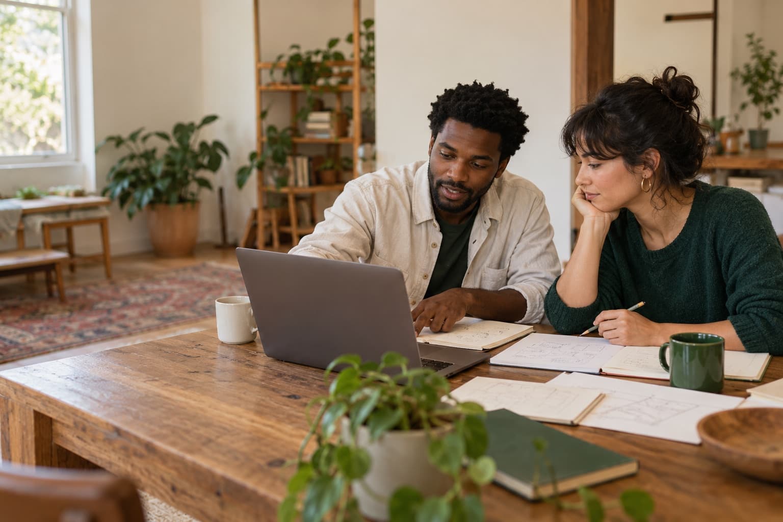 Two people discussing ideas while working together at a table